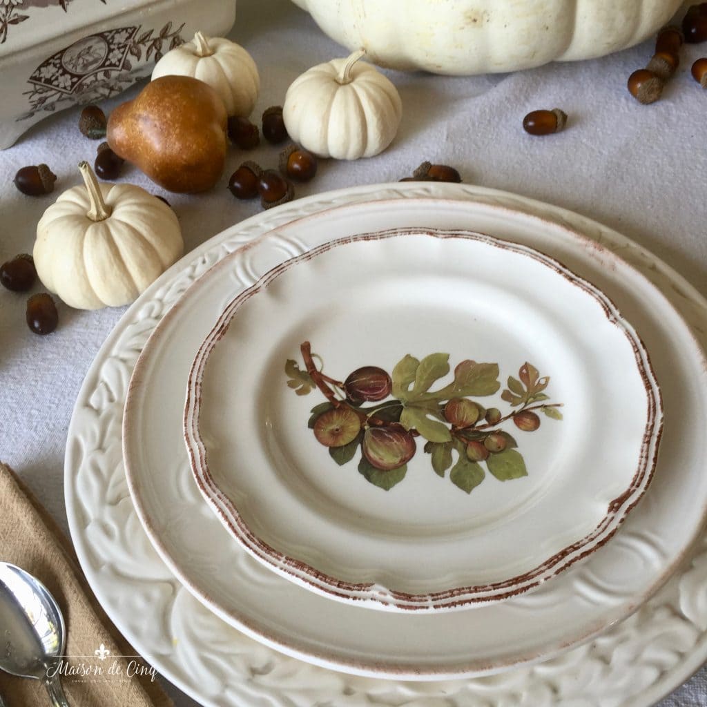 Neutral Fall Tablescape with Fig Plates and White Pumpkins