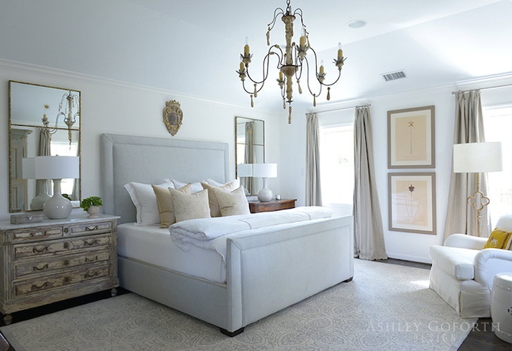 botanicals bedroom neutral french style chandelier headboard gorgeous