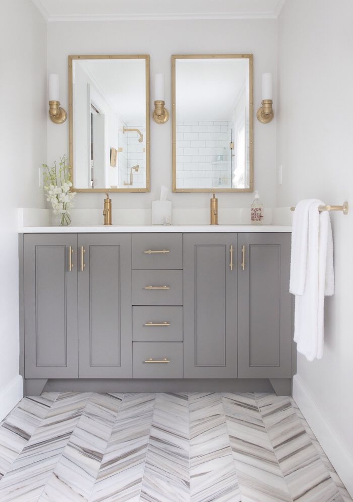 grey and gold bathroom gorgeous double mirrors and sinks herringbone floor