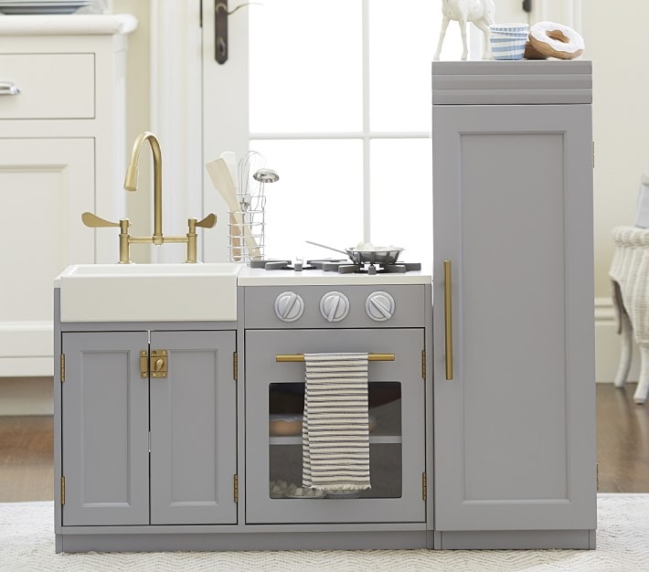 grey and gold pottery barn kids play kitchen 