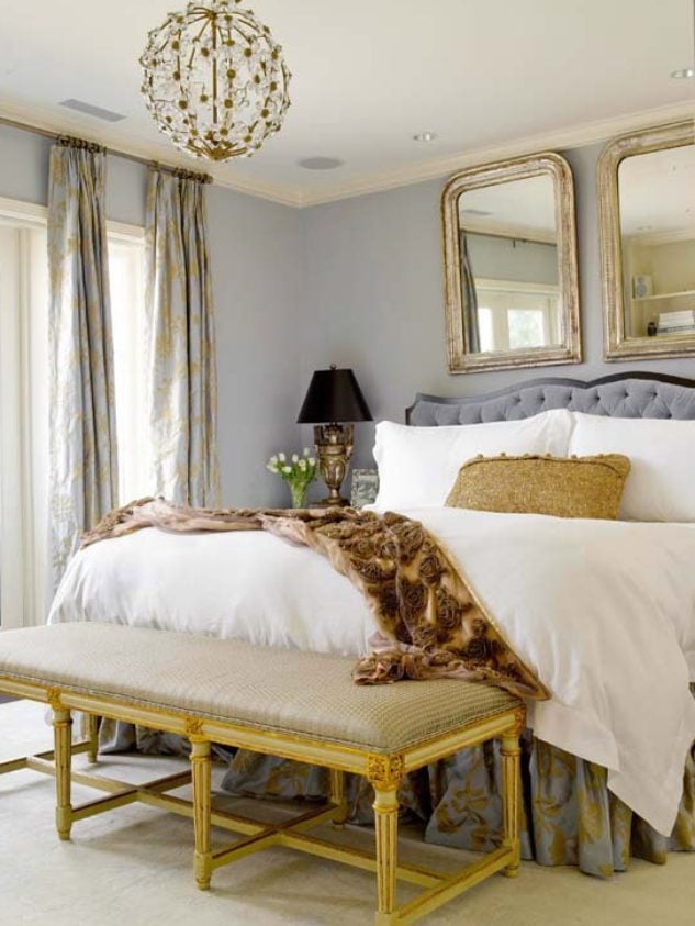 light gray walls with gold accents