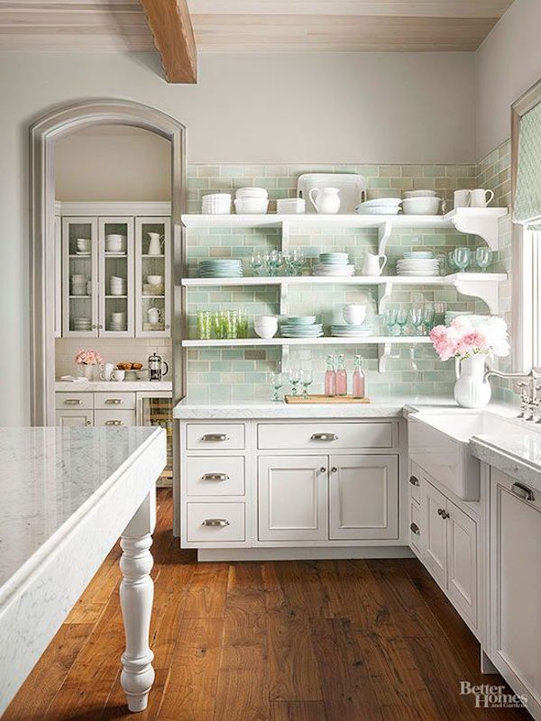 white french farmhouse kitchen with pale green tile