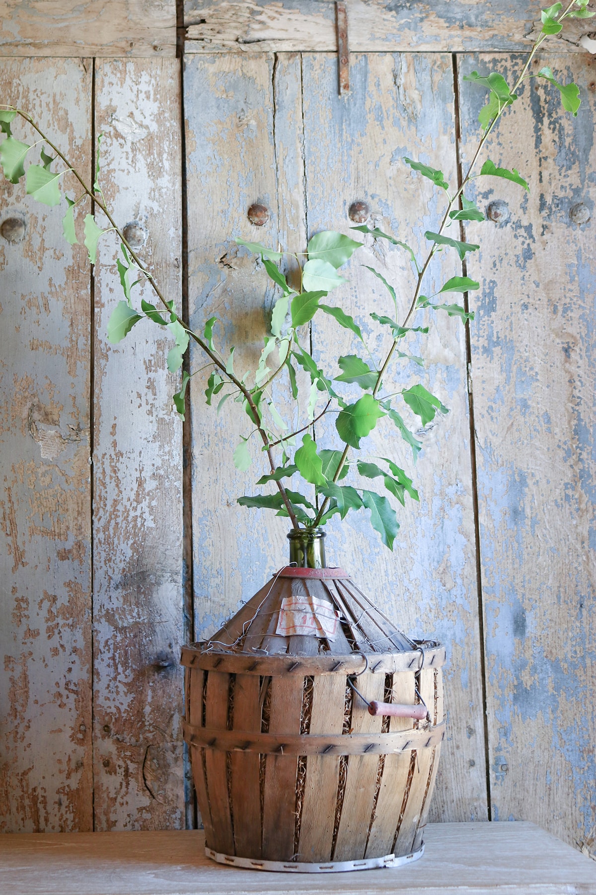 crated antique vintage demijohn with greenery European French decorating ideas 