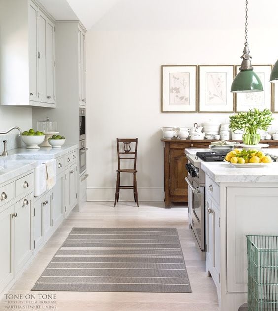 grey-and-white-kitchen-green-pendants