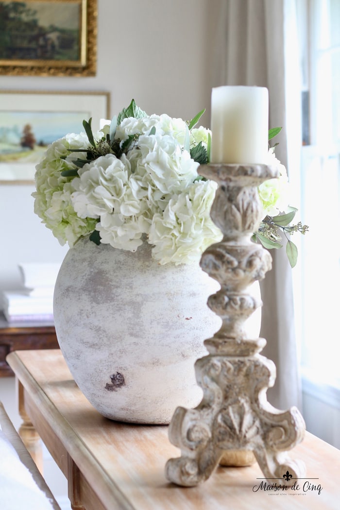 gorgeous white hydrangeas in French country farmhouse living room