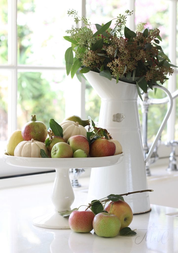 warm and cozy fall home tour apples pumpkins eucalyptus white kitchen fall decor