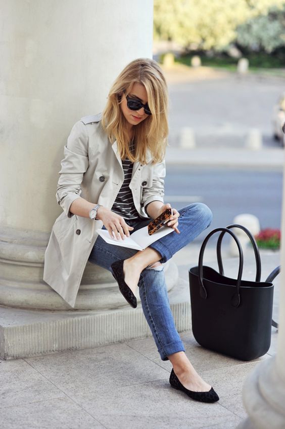 trench coat striped shirt jeans flats chic casual outfit