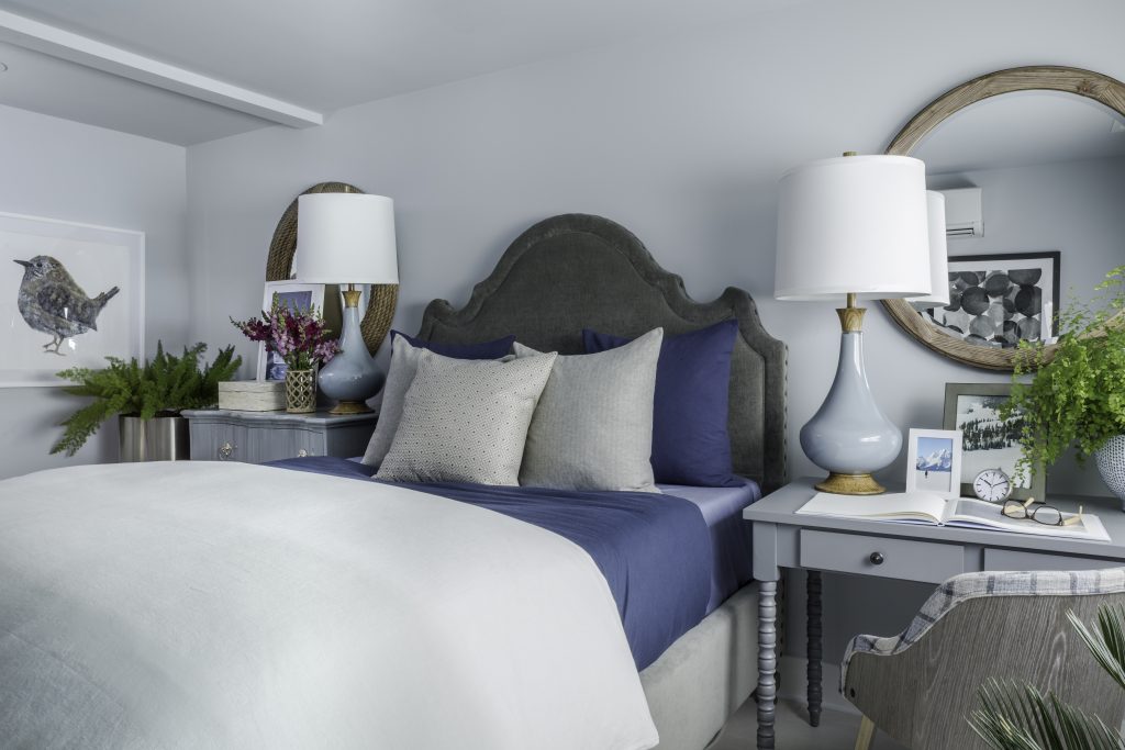 HGTV Dream Home blue grey bedroom lamps mirror headboard