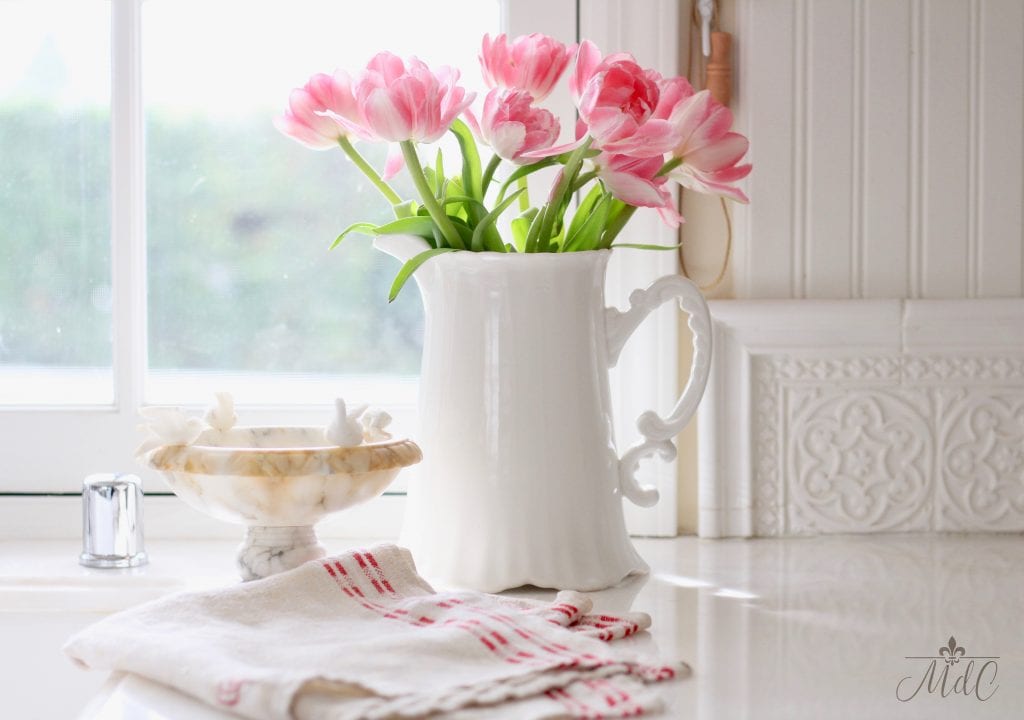 simple valentine's day decorating pink tulips white pitcher farmhouse kitchen