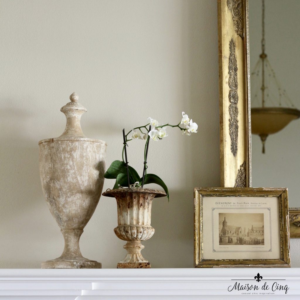spring mantel decor french urn orchid print gold mirror 
