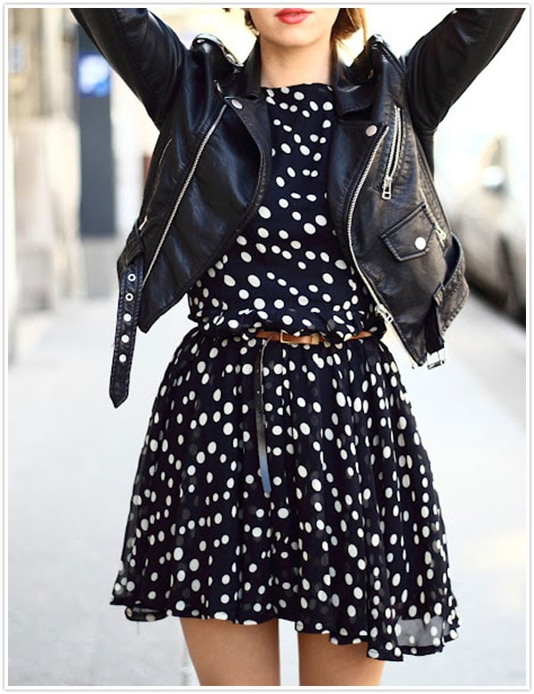polka dots flouncy dress with black leather jacket chic fashion style