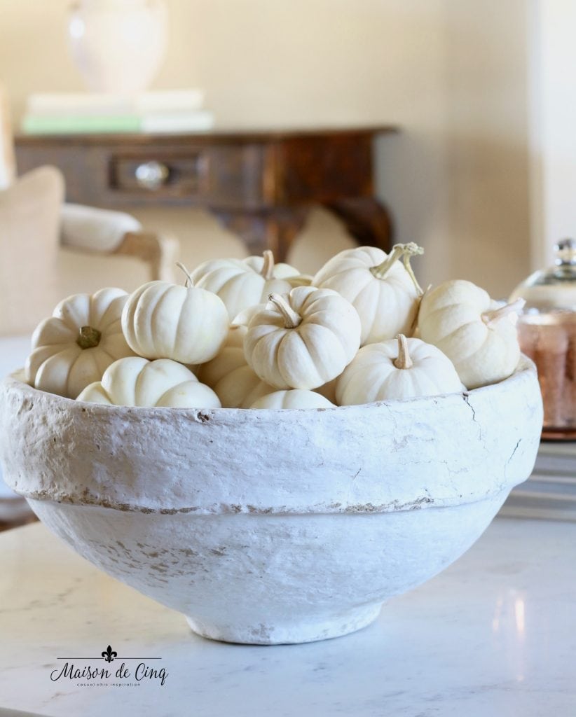 fall living room tour white mini pumpkins in vintage white paper mache bowl french country style 