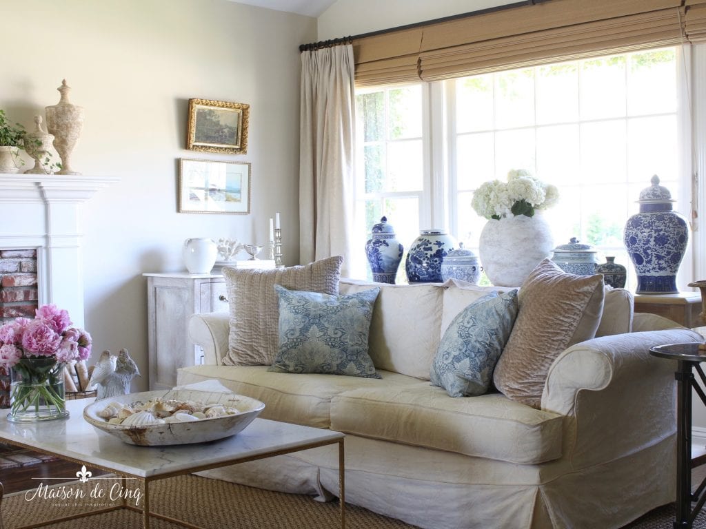 summer decorating ideas blue ginger jars in neutral french country living room