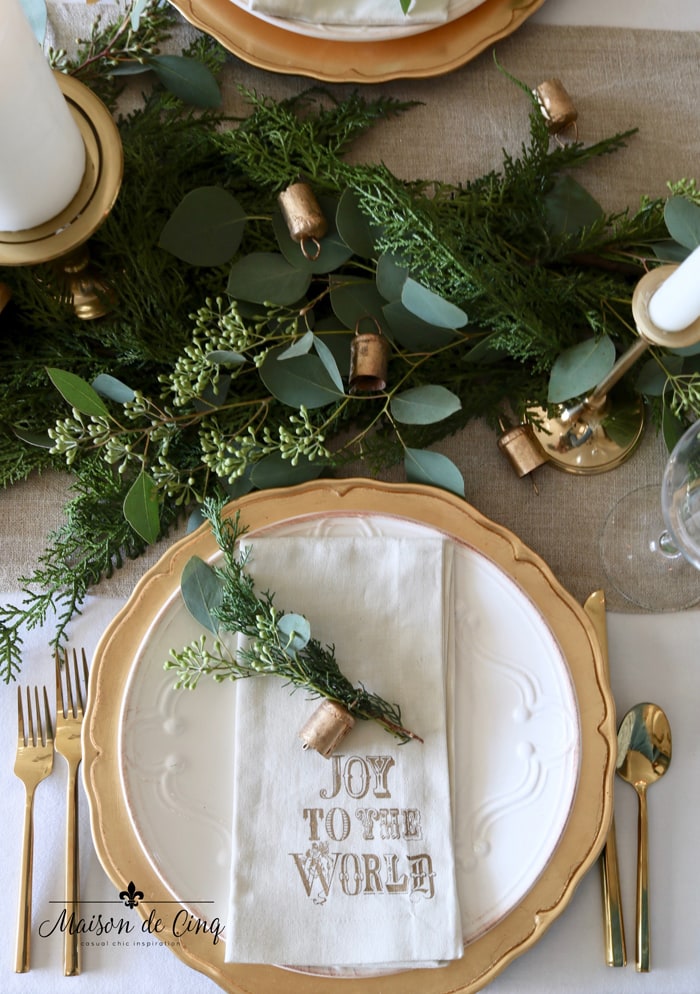 Holiday Table Setting with Cedar, Eucalyptus and Brass Bells