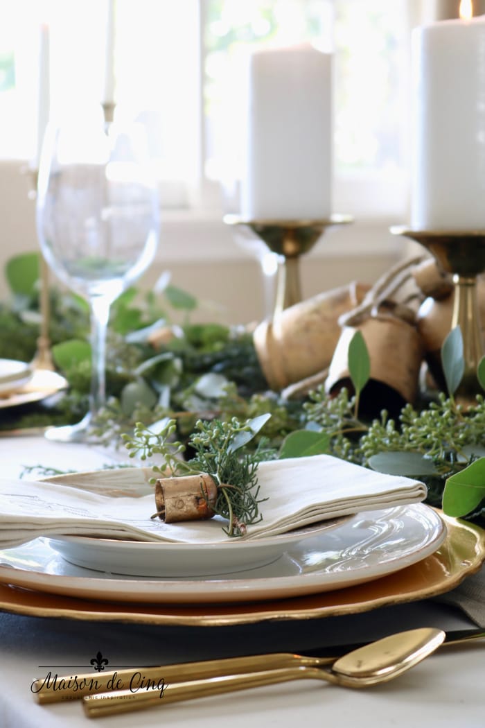 Holiday Table Setting with Cedar, Eucalyptus and Brass Bells