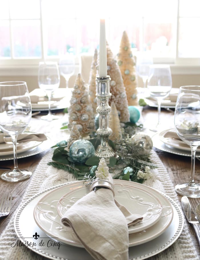 Holiday Table Setting with Cedar, Eucalyptus and Brass Bells