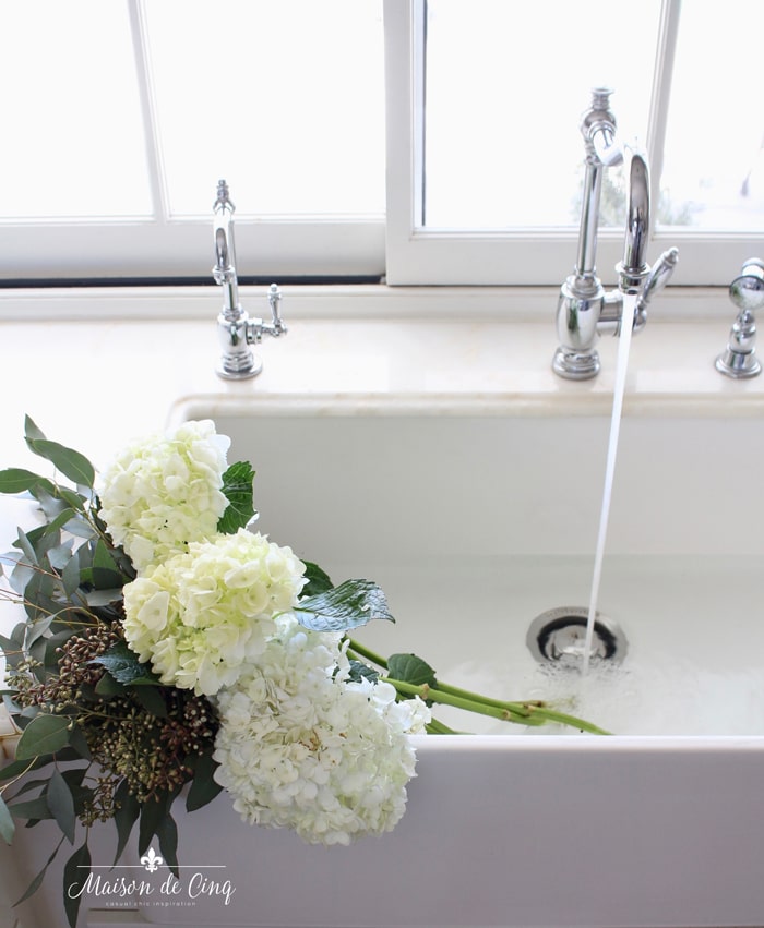hydrangeas in sink with water to keep them fresh