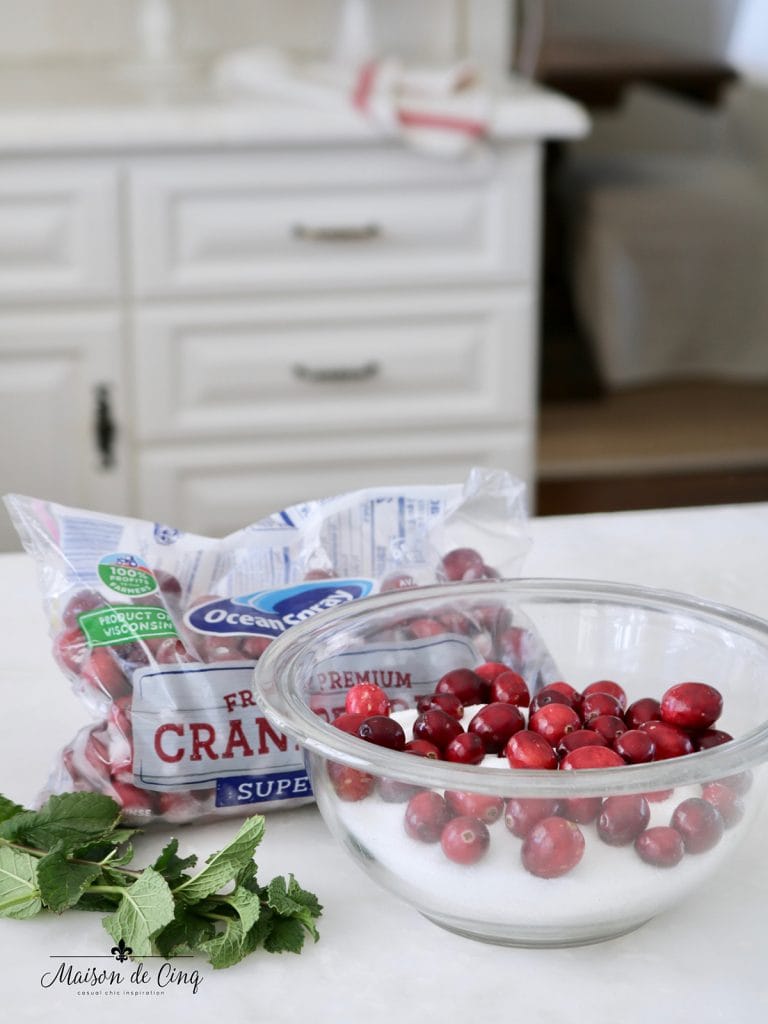 cranberries sugar and mint ingredients for holiday appetizer 