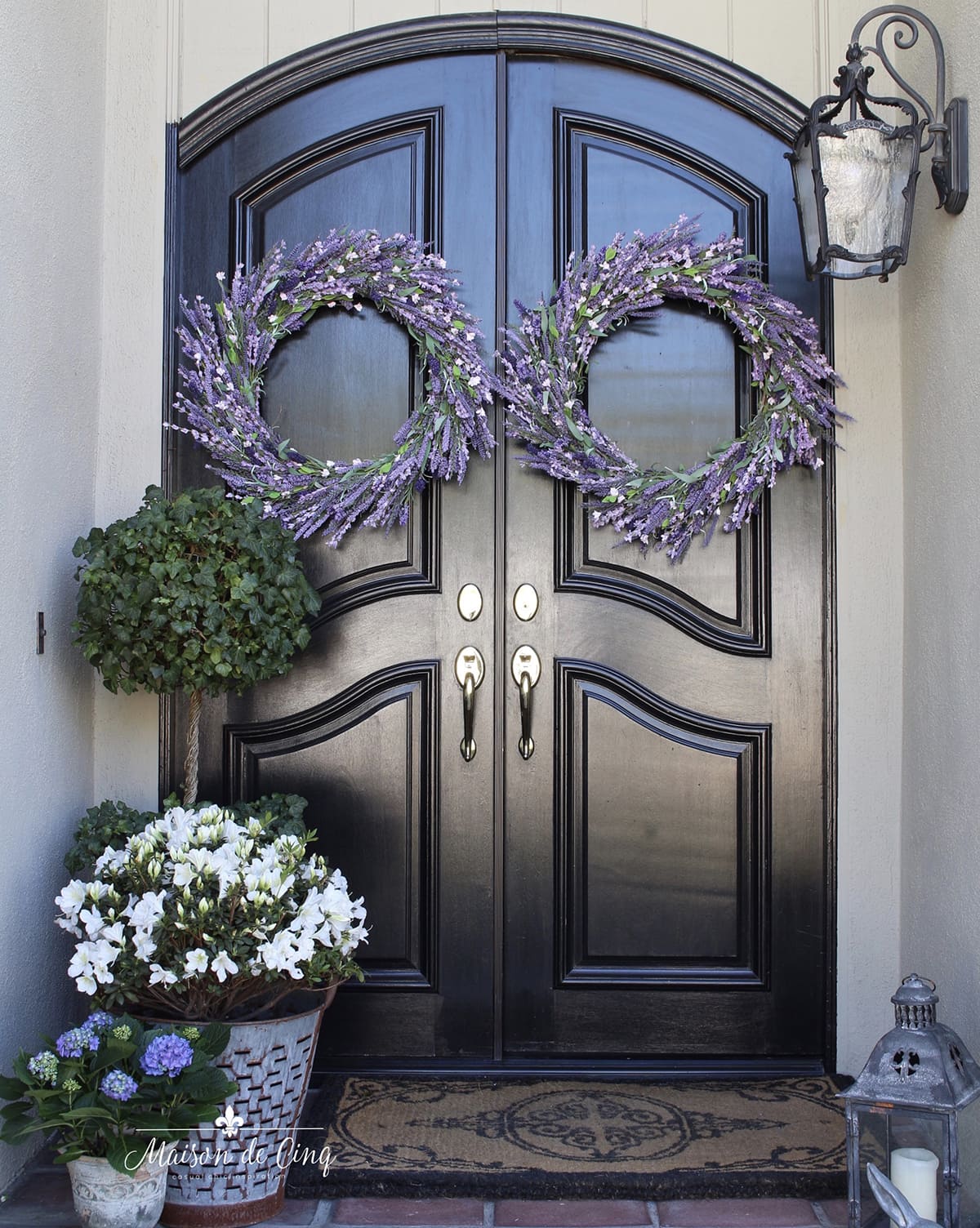 spring front porch ideas gorgeous black doors with lavender wreaths and pots of flowers