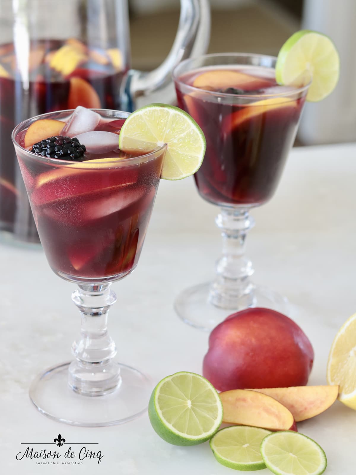 Sangria recipe ingredients set, red wine bottle, jug, glass