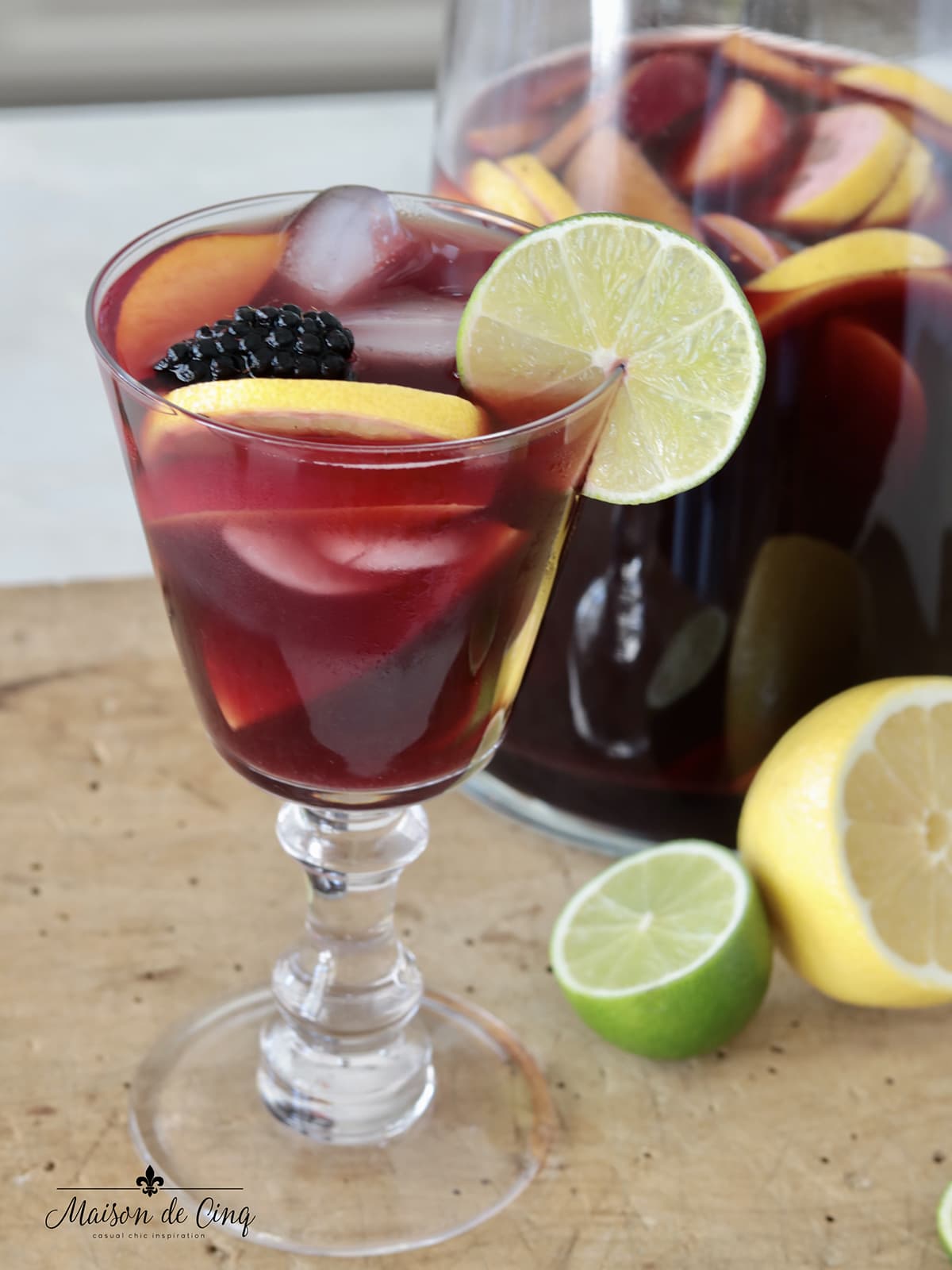 Sangria recipe ingredients set, red wine bottle, jug, glass