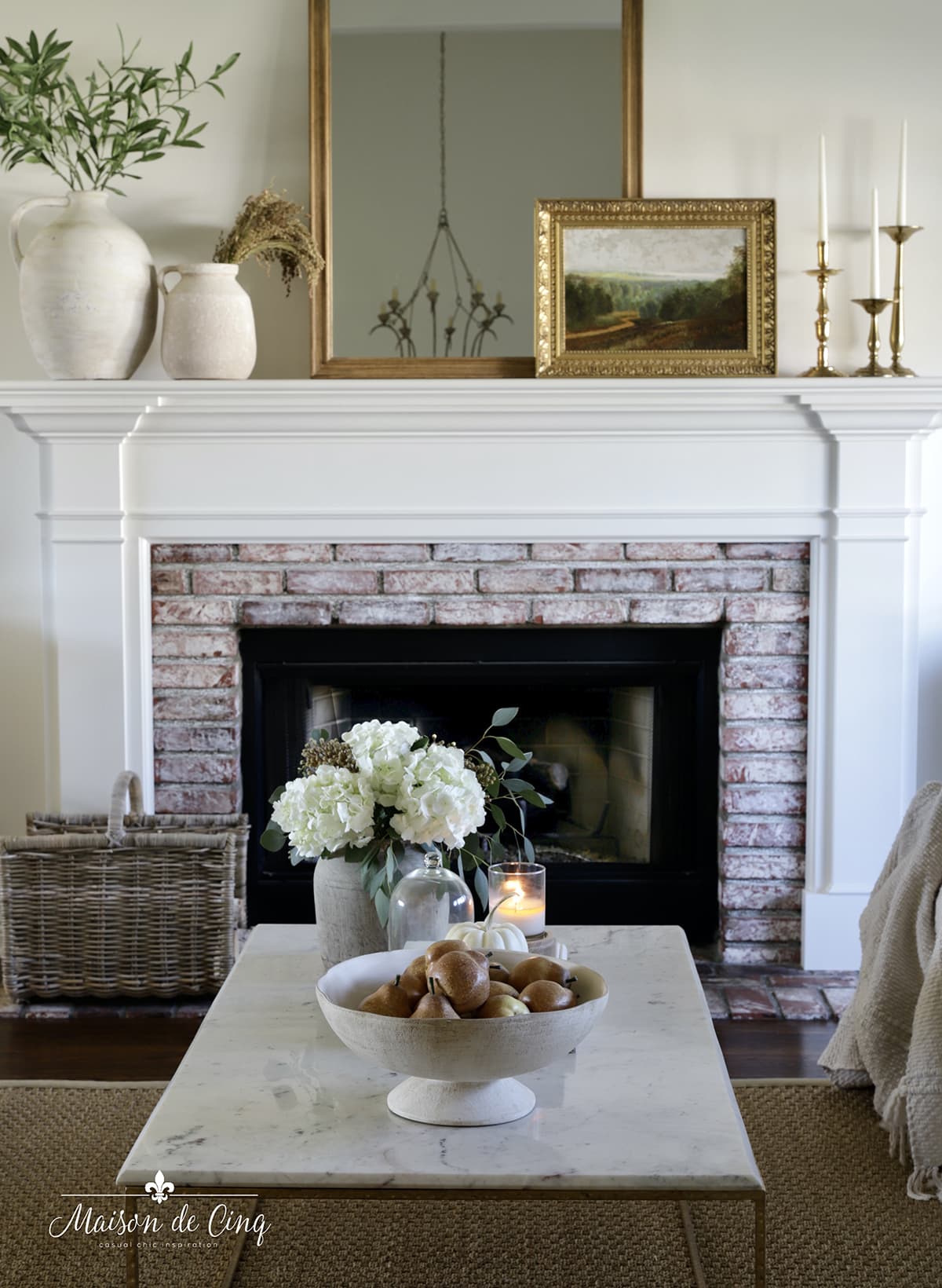 French farmhouse living room mantel decor marble coffee table 