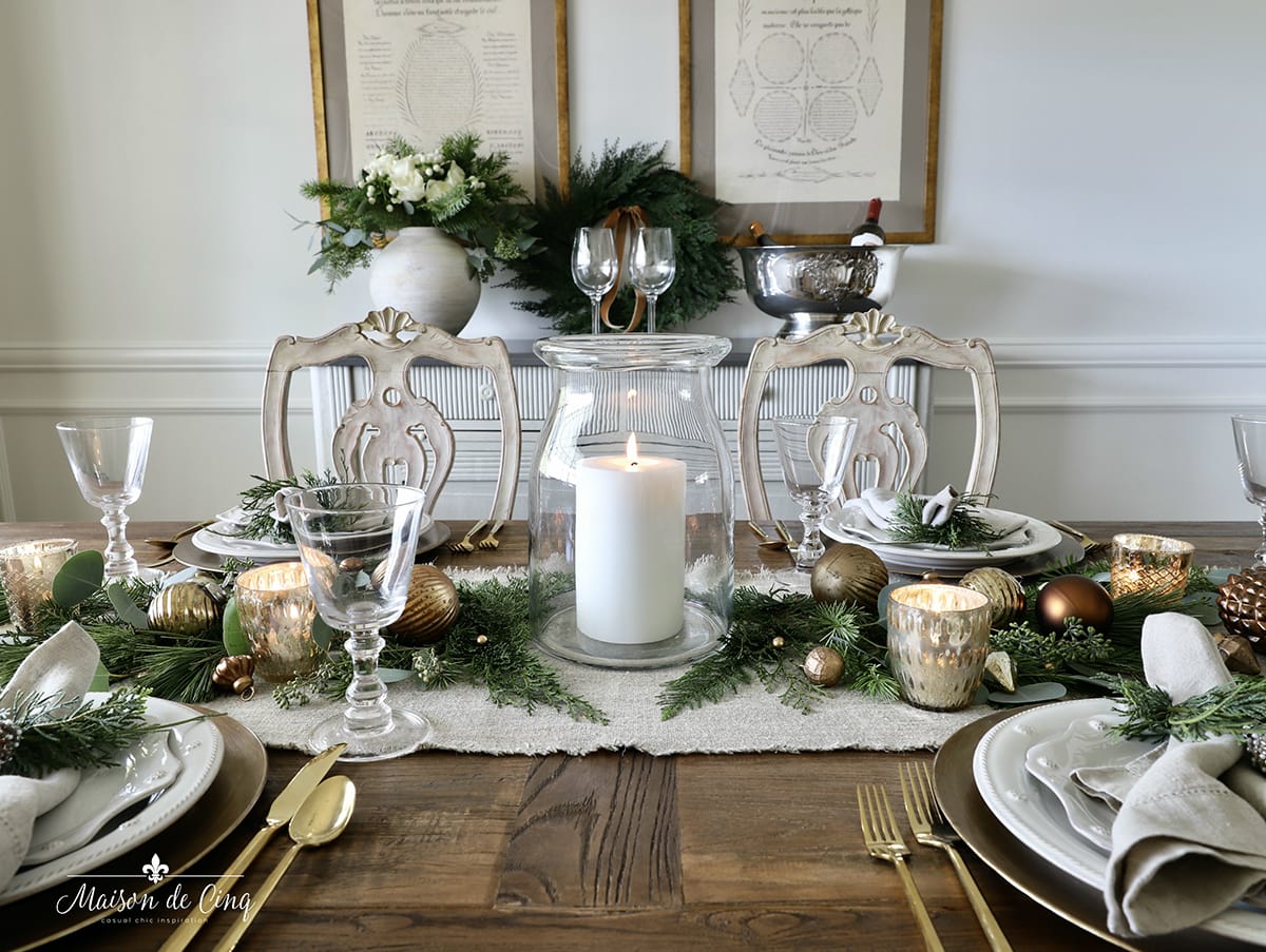 Simple Holiday Table Setting in Pine and Gold