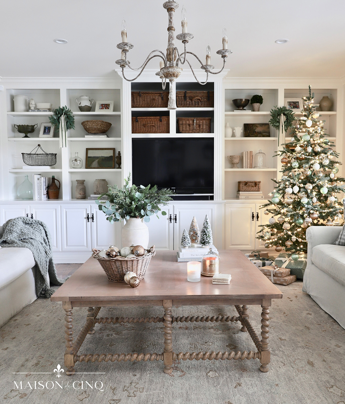 Sage Green & Gold Christmas Decor in the Family Room