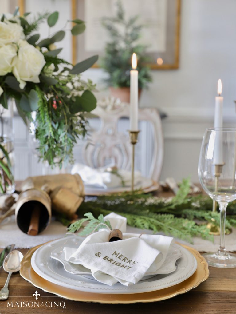 Classic Holiday Table Setting with Cedar, Roses & Bells