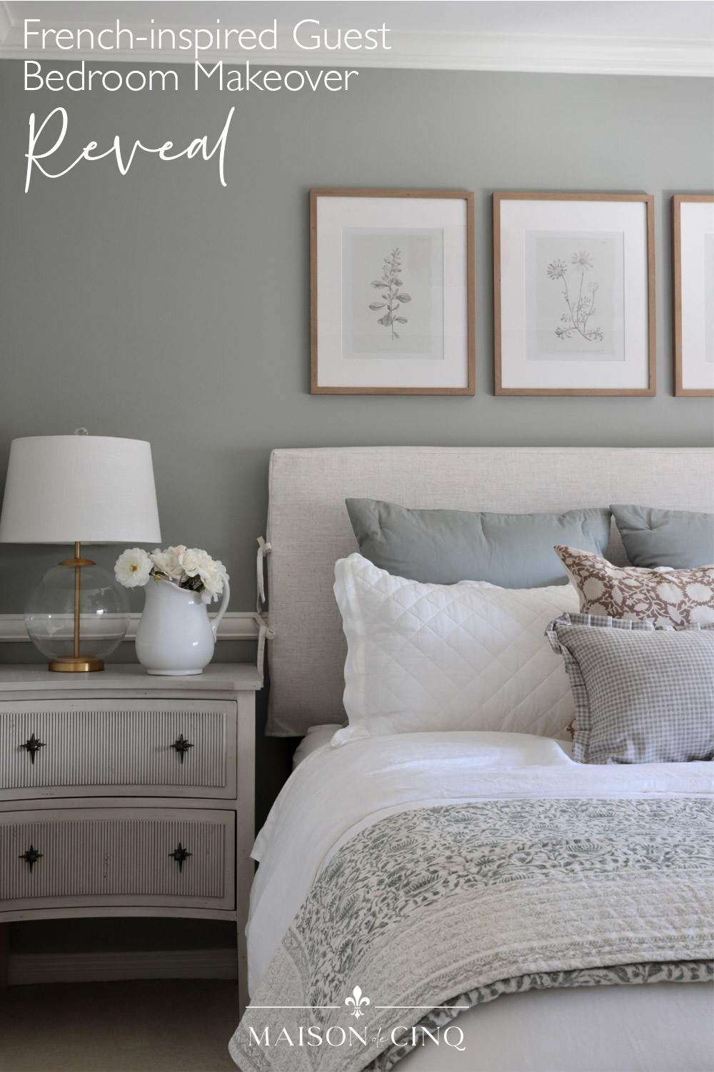 French-Inspired Guest Bedroom Makeover Reveal graphic on Maison de Cinq