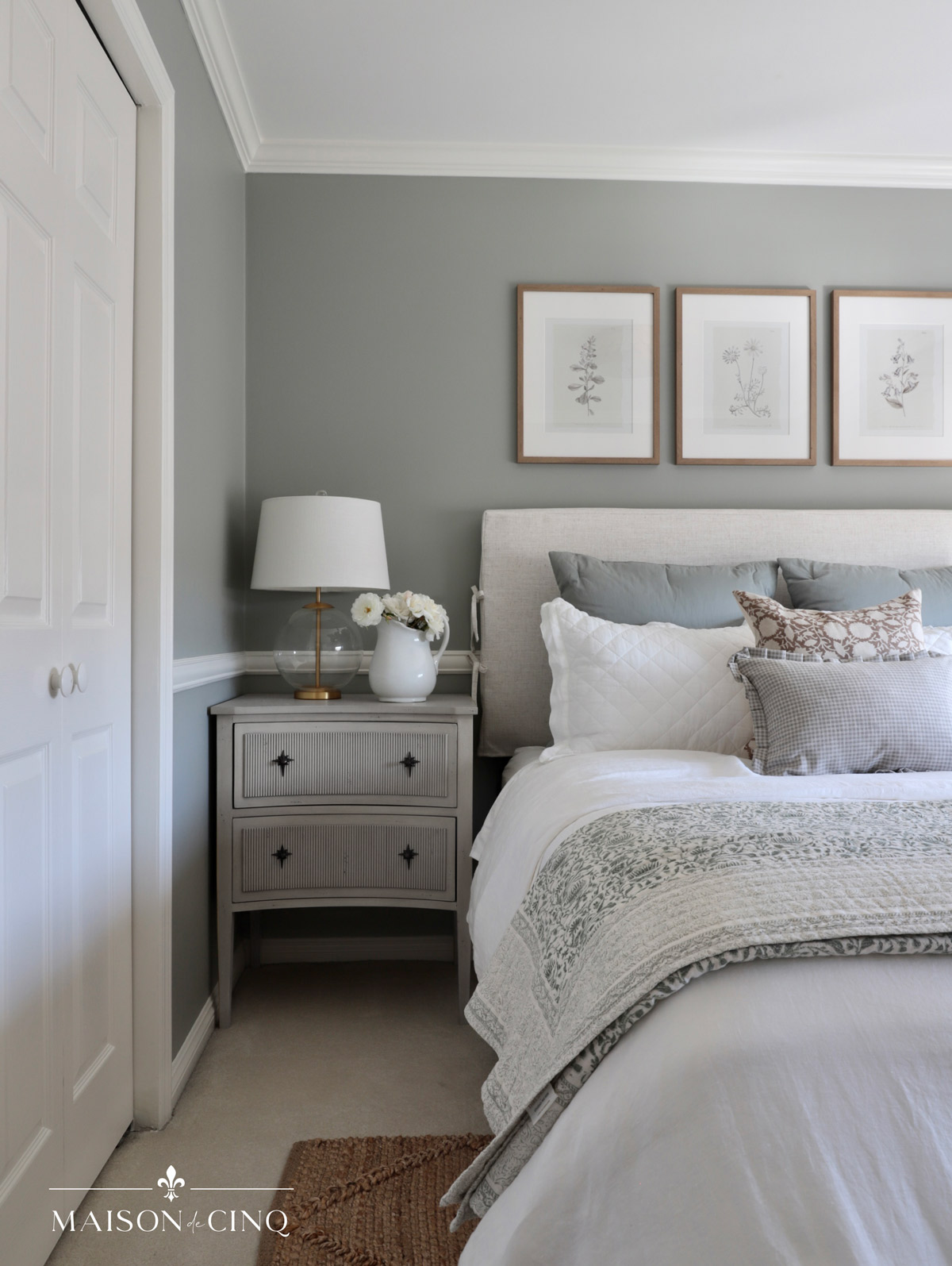 beautiful french-inspired guest bedroom in soft sage green and neutrals 