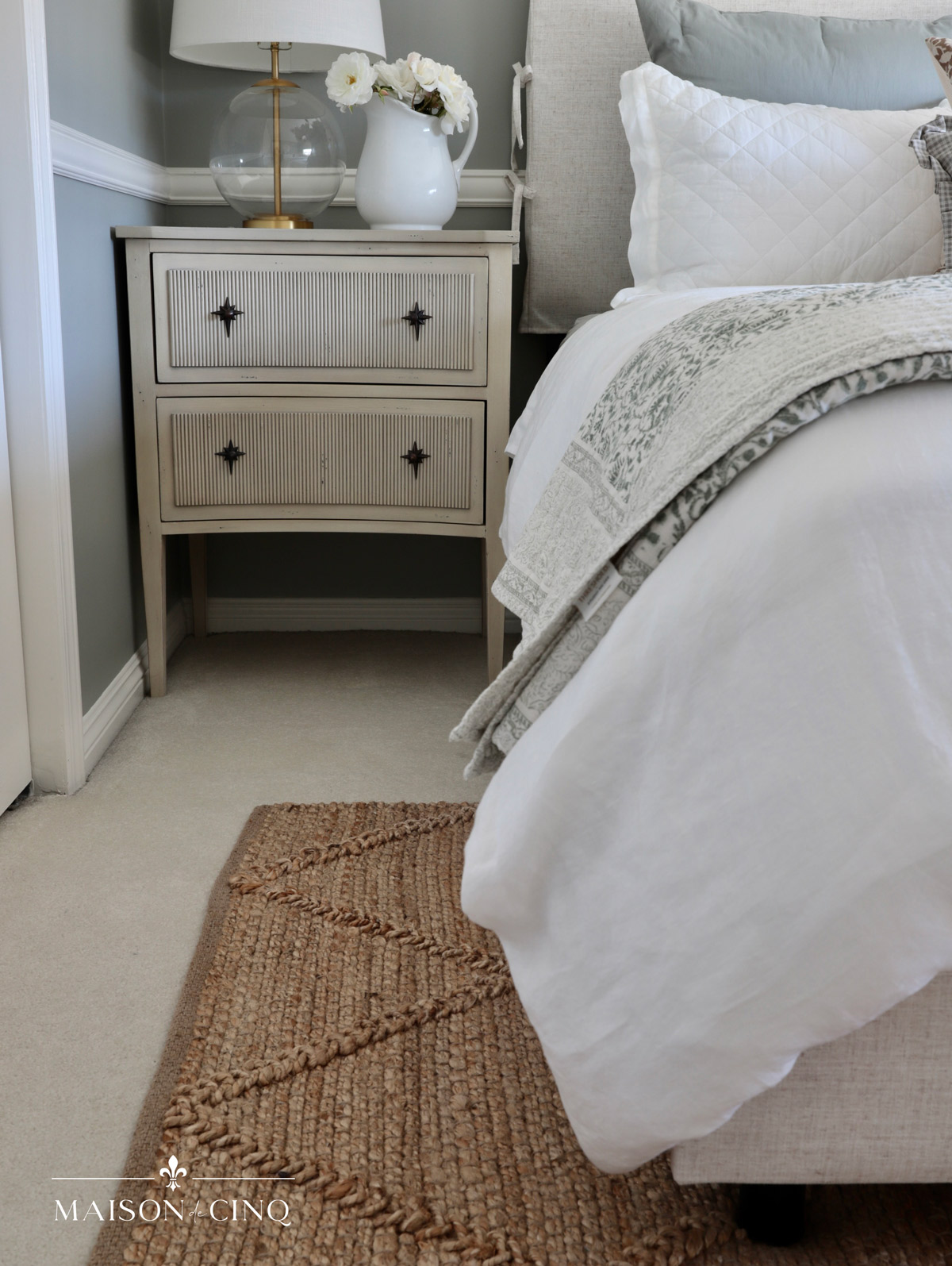 natural jute rug diamond pattern in french bedroom makeover 