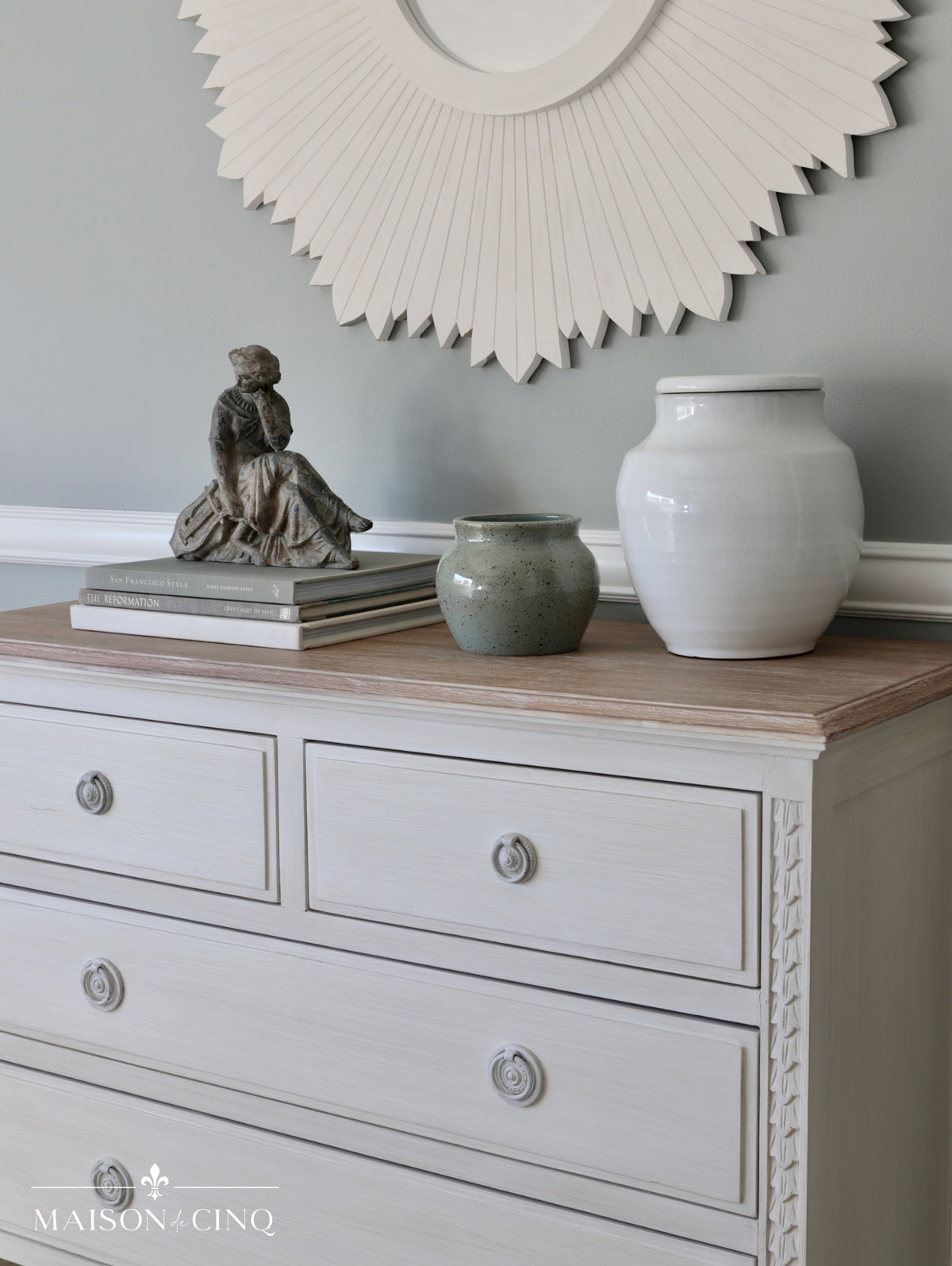 french style pale wood dresser in french bedroom 