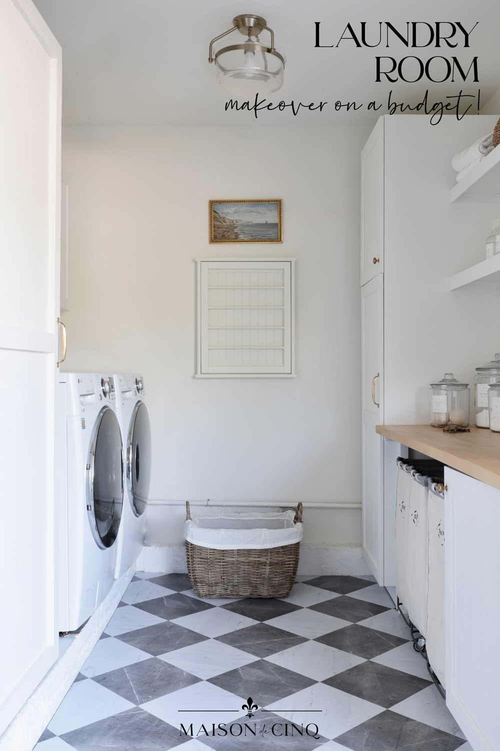 Laundry Room Makeover Reveal graphic on Maison de Cinq