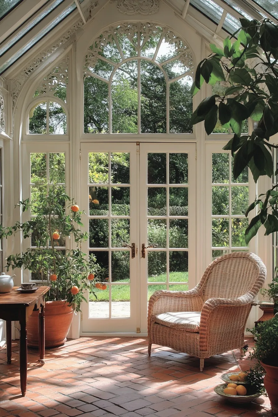 english country style sunroom with wicker chair and orange tree in pot 