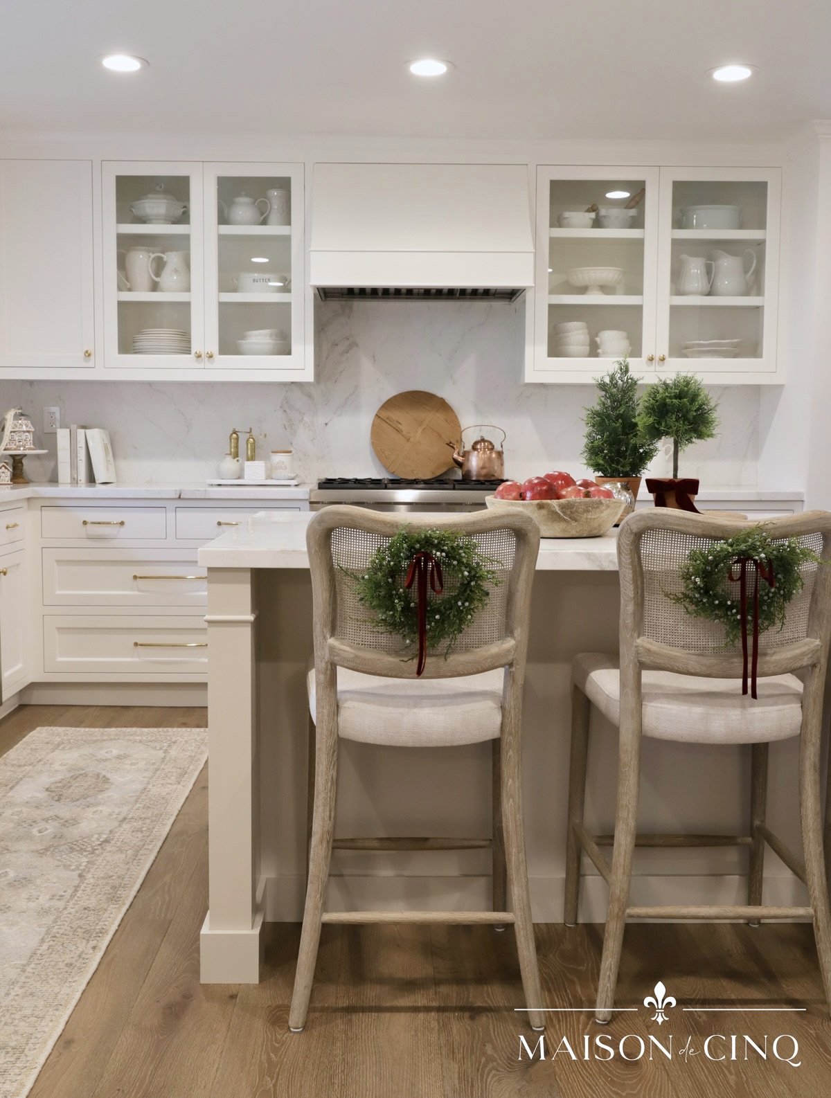 gorgeous European-inspired kitchen decorated for Christmas holiday decorating ideas 