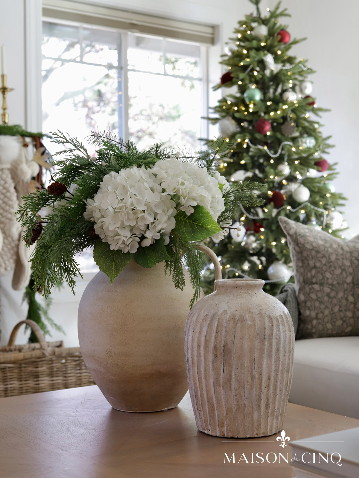 hydrangeas and greenery in rustic vase Christmas decorating holiday decor ideas 
