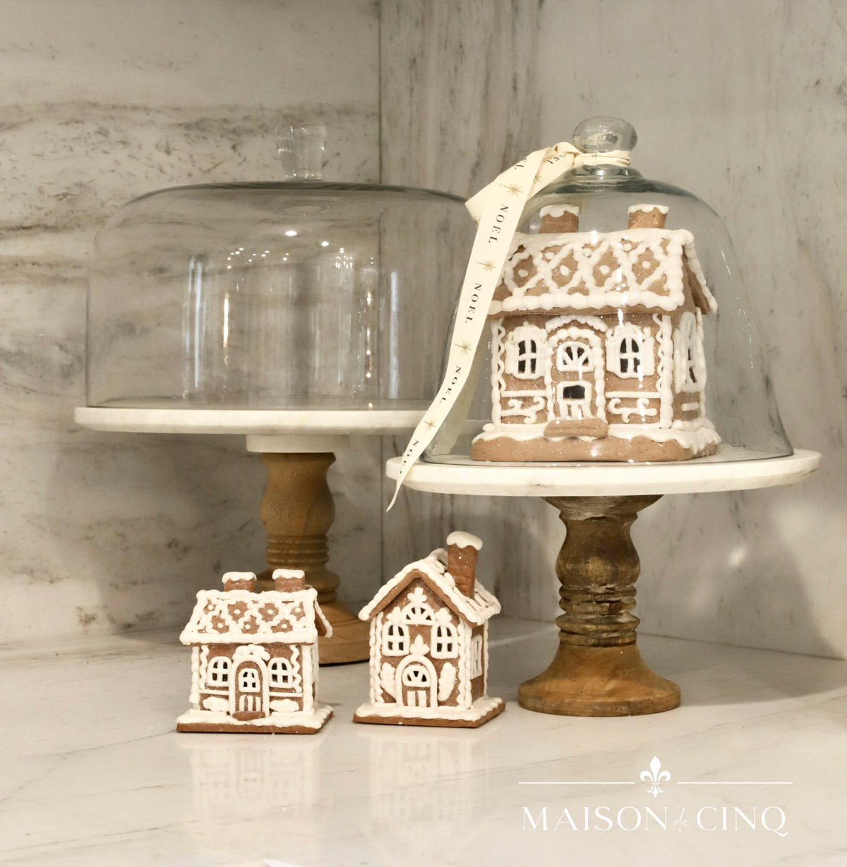 gingerbread houses under cloche on cake stand Christmas holiday decor ideas 
