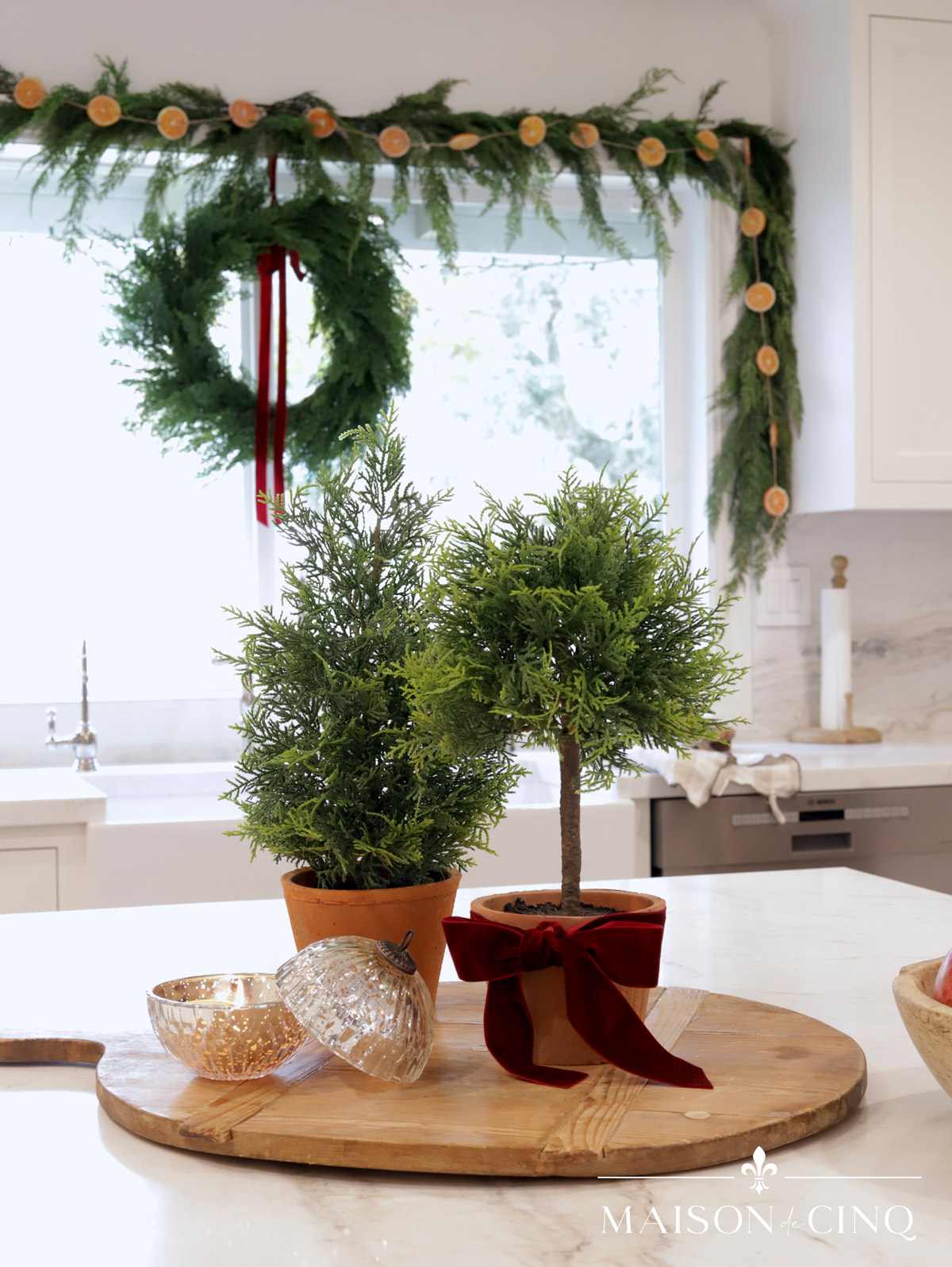 adorable little tree and topiary decorating kitchen island holiday decorating ideas 