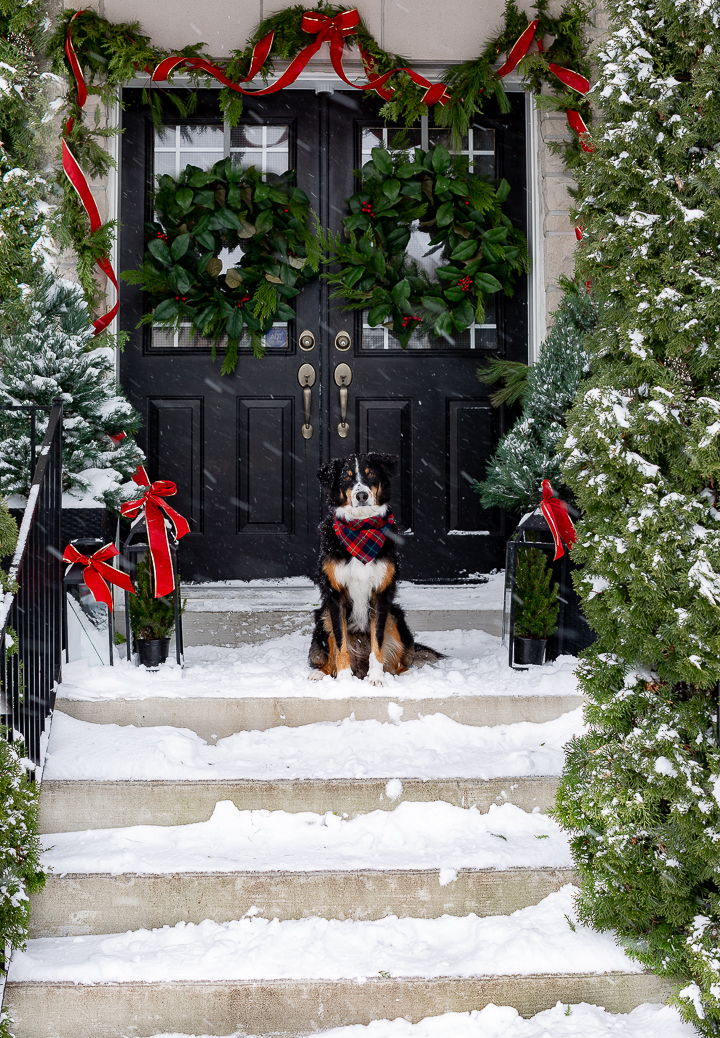 Classic Christmas Decor: 20 Stunning Ideas to Inspire classic Christmas porch with wreaths on black doors and garland