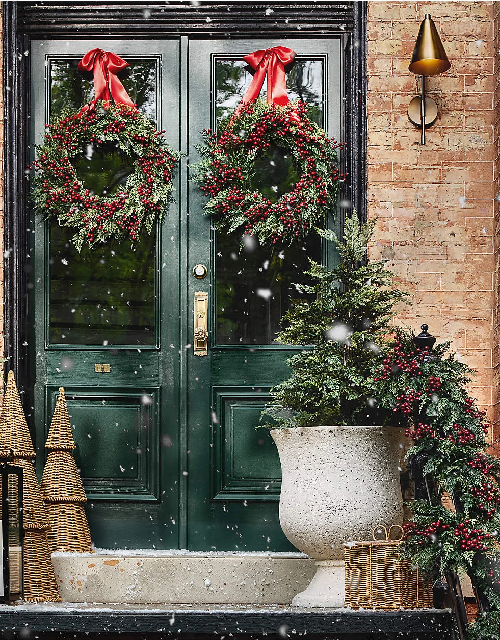 Classic Christmas Decor: 20 Stunning Ideas to Inspire beautiful front door decorated for Christmas with wreaths and red ribbons