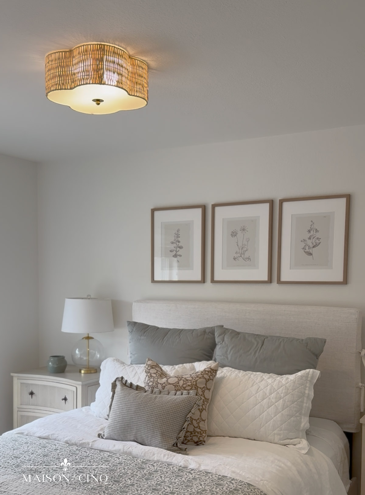 Wayfair Best Sellers wicker flush mount ceiling light fixture in french-inspired bedroom