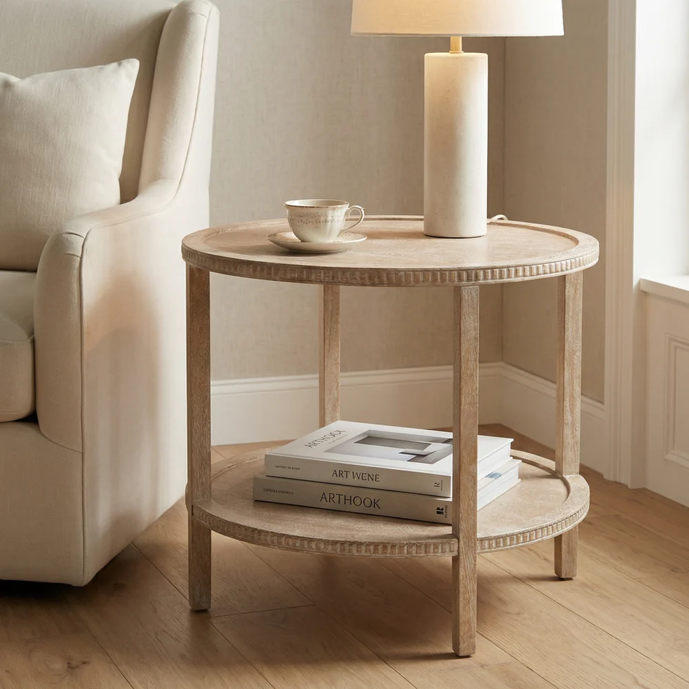 best selling white wash French-inspired round side table from wayfair 
