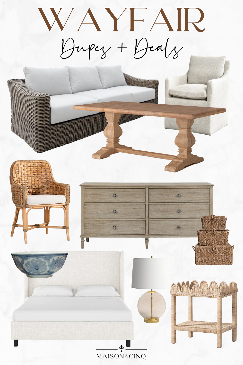 Wayfair Dupes & Deals graphic on Maison de Cinq