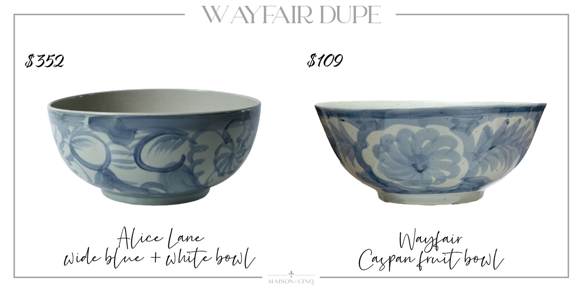 Wayfair dupe of gorgeous designer blue and white bowl