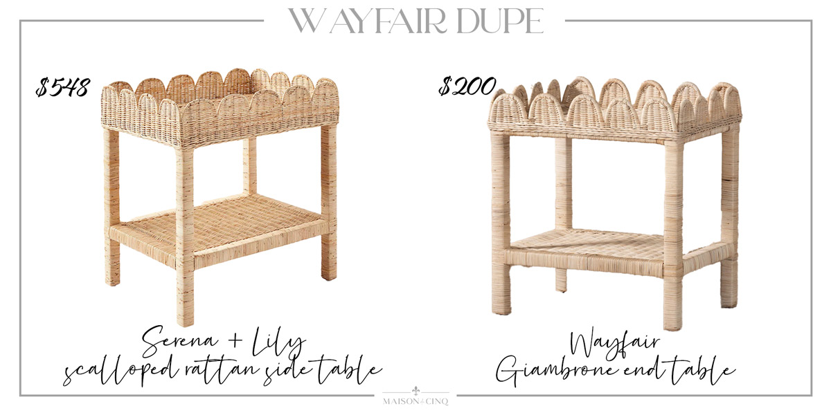 Wayfair dupe of Serena & Lily scalloped side table 